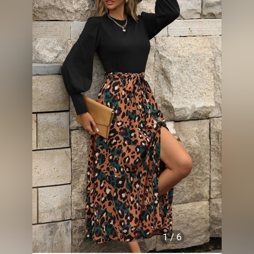 Shein Belted Spilt Thigh Black And Animal Print Dress